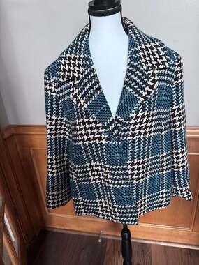 Josephine Chaus Women’s Size 12 Plaid Houndstooth Jacket Blazer Blue Black
